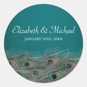 Elegante Peacock Feathers Ronde Bruiloft Favor Lab Sticker