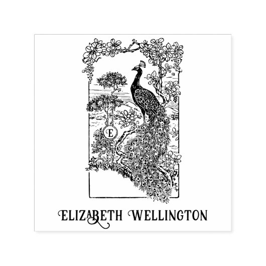 Elegante Peacock in Tuinnaam Initiaal Zelfinktende Stempel (Design)
