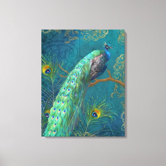 Elegante Peacock in veren op tak Schilderen Blauw Canvas Afdruk (Voorkant)