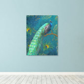 Elegante Peacock in veren op tak Schilderen Blauw Canvas Afdruk (Insitu (Houten vloer))