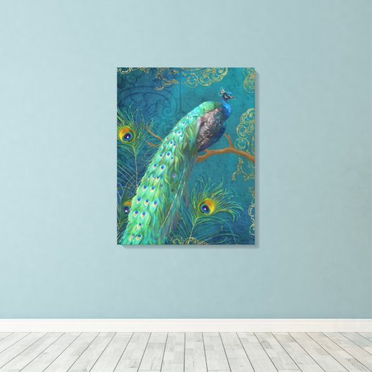 Elegante Peacock in veren op tak Schilderen Blauw Canvas Afdruk (Insitu (Houten vloer))