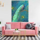 Elegante Peacock in veren op tak Schilderen Blauw Canvas Afdruk (Insitu (Woonkamer))
