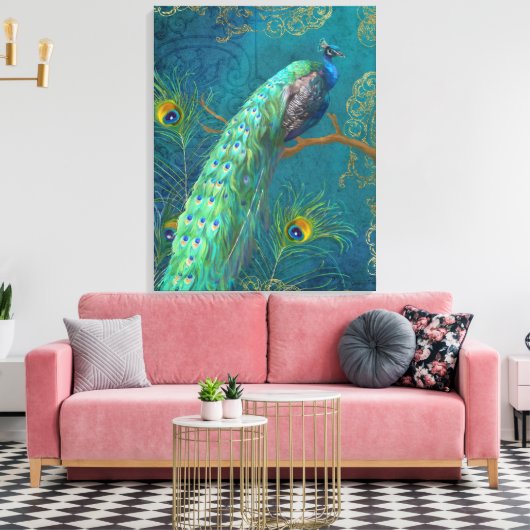 Elegante Peacock in veren op tak Schilderen Blauw Canvas Afdruk (Insitu (Woonkamer))