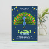 Elegante Peacock Kids verjaardagsfeestje uitnodigi Kaart (Staand voorkant)