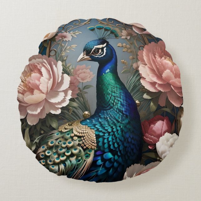 Elegante Peacock Pink Peonies Rond Kussen (Voorkant)
