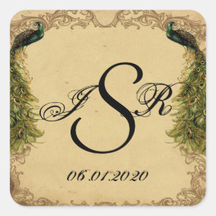 Elegante Peacock Posh Bruiloft Monogram Vierkante Sticker