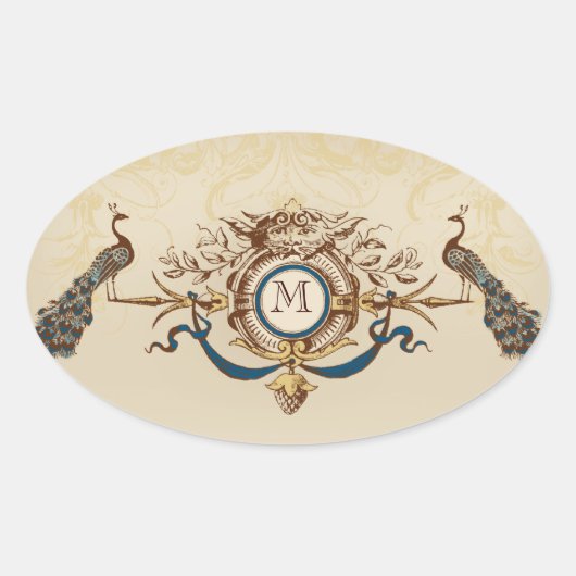 Elegante Peacock Trouwstickers met Monogram Ovale Sticker (Voorkant)