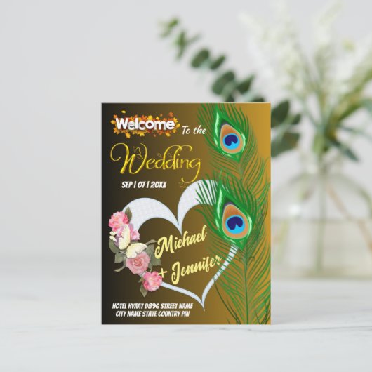 Elegante Peacock Veer & Roos Aangepaste Bruiloft Briefkaart (Staand voorkant)