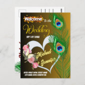 Elegante Peacock Veer & Roos Aangepaste Bruiloft Briefkaart (Voorkant / Achterkant)