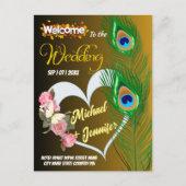 Elegante Peacock Veer & Roos Aangepaste Bruiloft Briefkaart (Voorkant)