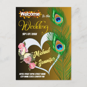 Elegante Peacock Veer & Roos Aangepaste Bruiloft Briefkaart