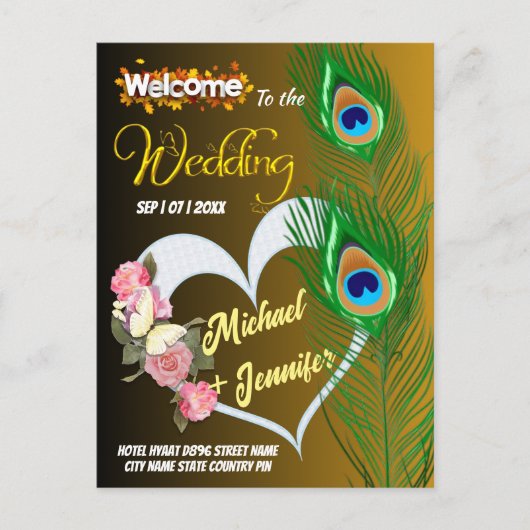 Elegante Peacock Veer & Roos Aangepaste Bruiloft Briefkaart (Voorkant)