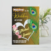 Elegante Peacock Veer & Roos Aangepaste Bruiloft Kaart (Staand voorkant)