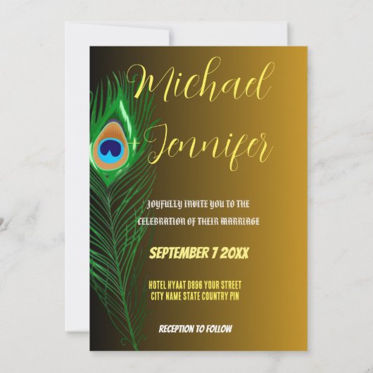 Elegante Peacock Veer & Roos Aangepaste Bruiloft Kaart (Achterkant)