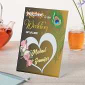 Elegante Peacock Veer & Roos Aangepaste Bruiloft Reclamebord Met Voetstuk (Insitu)