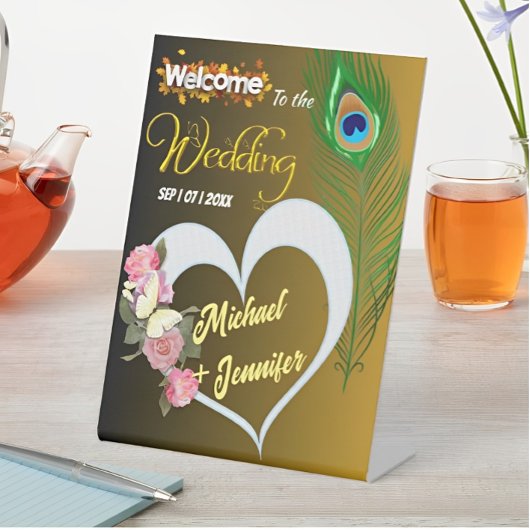 Elegante Peacock Veer & Roos Aangepaste Bruiloft Reclamebord Met Voetstuk