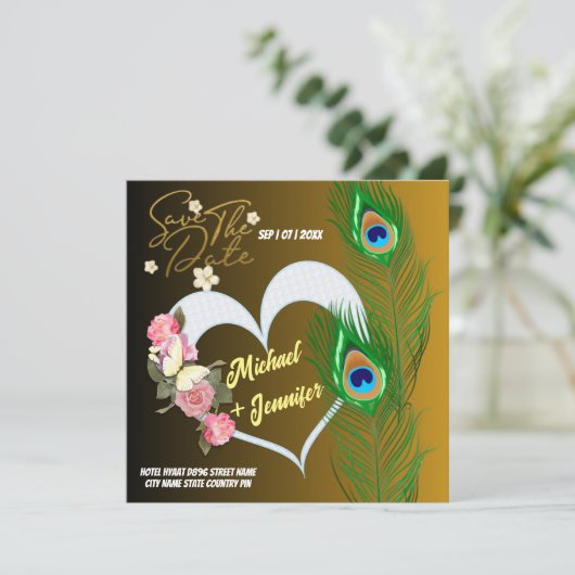 Elegante Peacock Veer & Roos Aangepaste Bruiloft Save The Date (Staand voorkant)