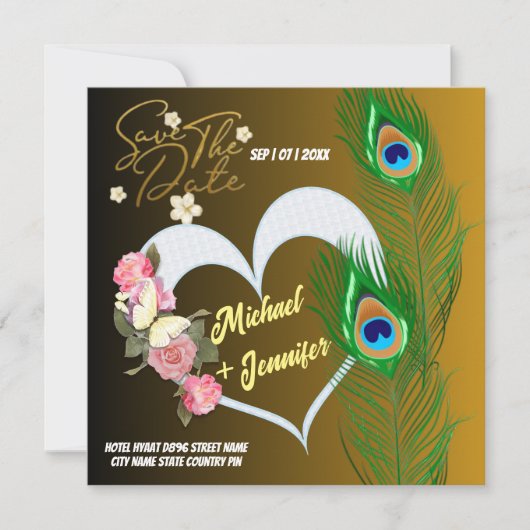 Elegante Peacock Veer & Roos Aangepaste Bruiloft Save The Date (Voorkant)