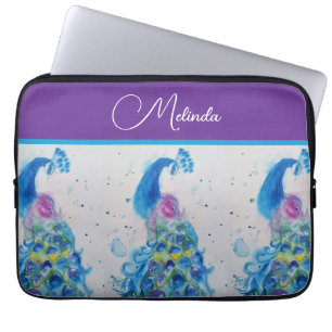 Elegante Peacock Waterverf Blauw schilderij Laptop Sleeve
