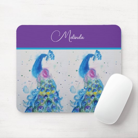 Elegante Peacock Waterverf Blauw schilderij Muismat (Met muis)