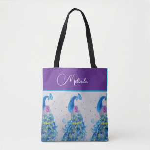 Elegante Peacock Waterverf Blauw schilderij Tote Bag