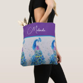 Elegante Peacock Waterverf Blauw schilderij Tote Bag (Dichtbij)