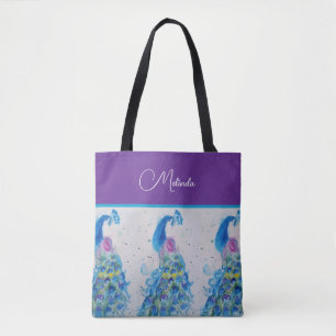 Elegante Peacock Waterverf Blauw schilderij Tote Bag
