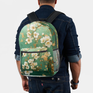 Elegante Pear Blossom Rugzak, Groene & Gouden kuns Bedrukte Rugzak