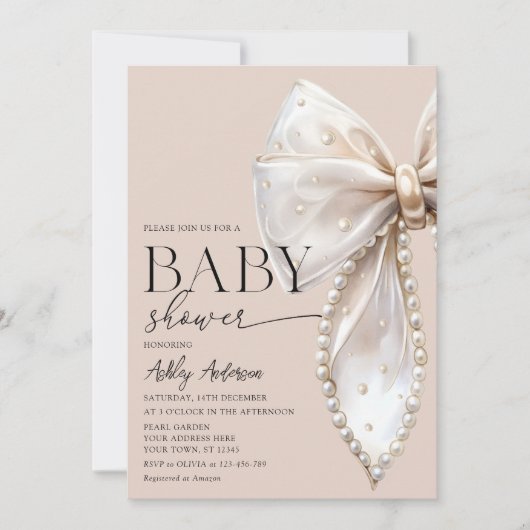 Elegante Pearl Bow Beige Neutraal Baby shower Kaart (Voorkant)