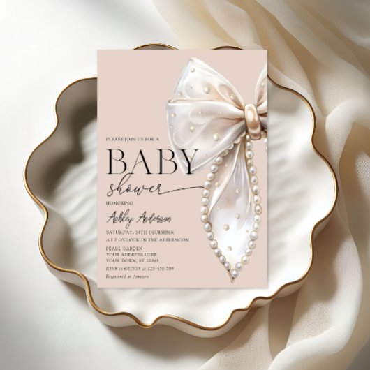 Elegante Pearl Bow Beige Neutraal Baby shower Kaart
