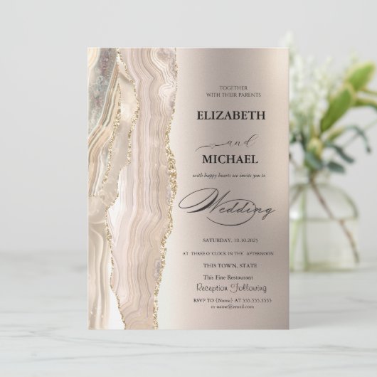 Elegante Pearl Glitter Script Wedding Kaart (Staand voorkant)