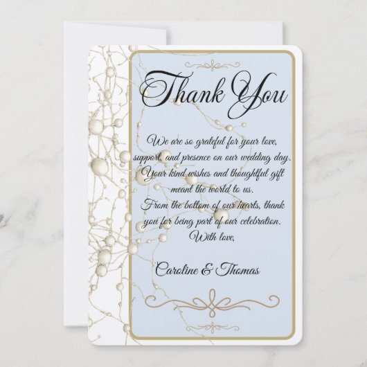 Elegante Pearl Gold Script Wedding Romantische Par Bedankkaart (Voorkant)