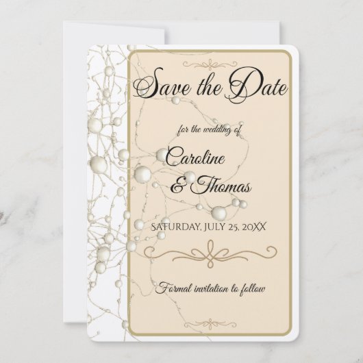 Elegante Pearl Gold Script Wedding Romantische Par Save The Date (Voorkant)