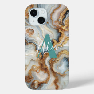 Elegante Pearl Golden Agate Custom Monogram iPhone 15 Case