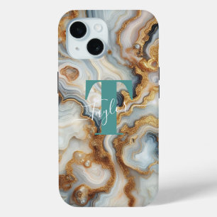 Elegante Pearl Golden Agate Custom Monogram iPhone 15 Case