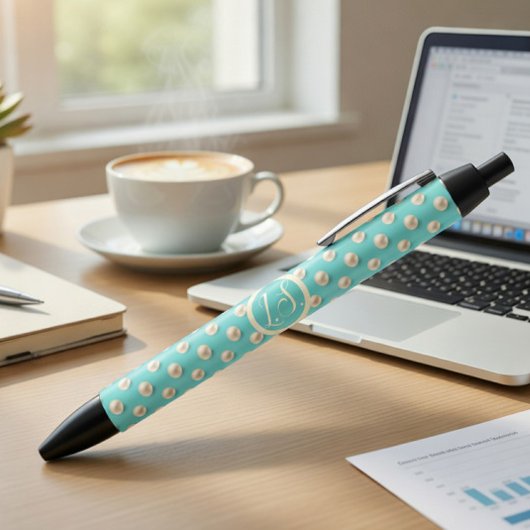 Elegante pen met teal parels en monogram