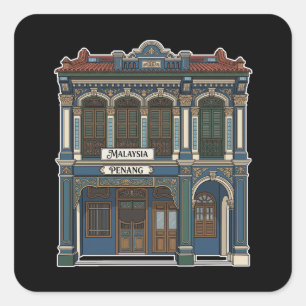 Elegante Penang Maleisië Shophouse Gevel Tekening Vierkante Sticker