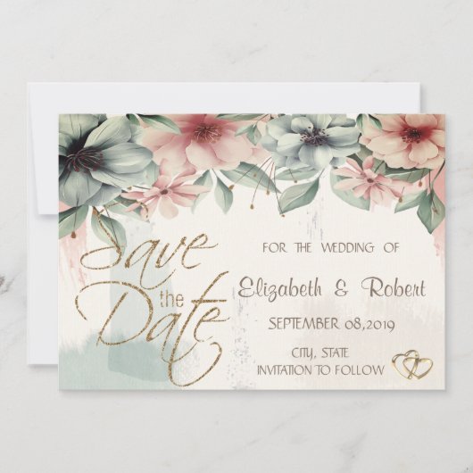 Elegante penseelstreek,Bloemig Save The Date (Voorkant)