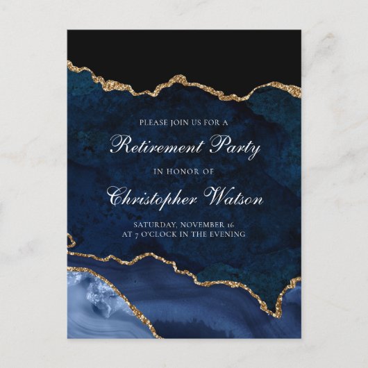 Elegante Pensioen Partij Marine Blauw Goud Agaat Uitnodiging Briefkaart (Voorkant)