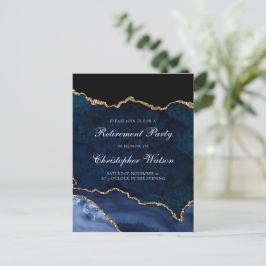 Elegante Pensioen Partij Marine Blauw Goud Agaat Uitnodiging Briefkaart (Staand voorkant)