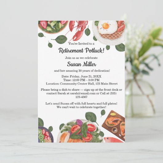 Elegante Pensioen Party Potluck Uitnodiging (Staand voorkant)