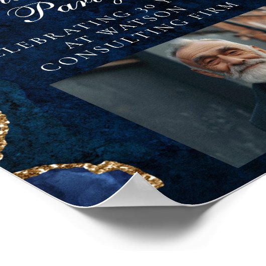 Elegante pensioenpartij foto marine blauw goud poster (Hoek)