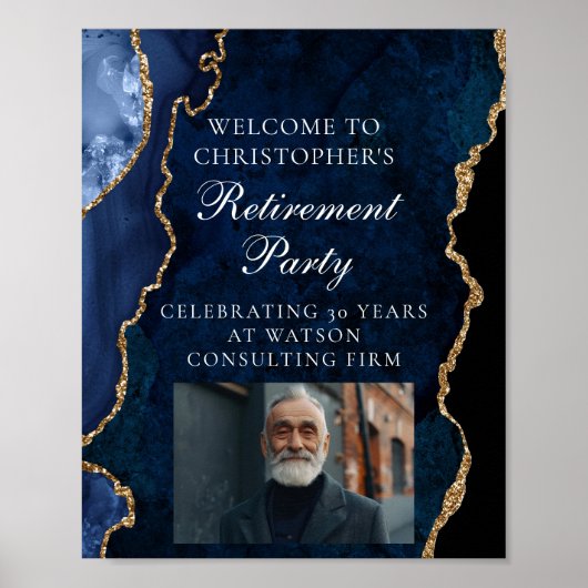 Elegante pensioenpartij foto marine blauw goud poster (Voorkant)