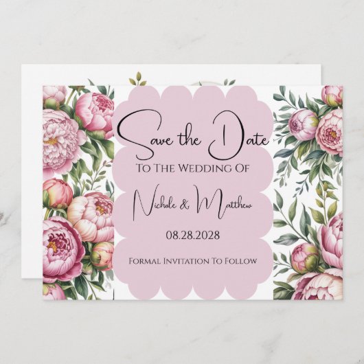 Elegante Peony Floral Wedding Save the Date Kaart (Voorkant / Achterkant)