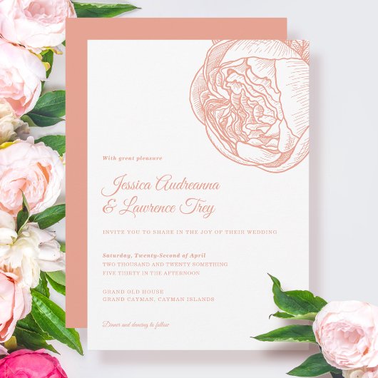 Elegante Peony Peach Flower Wedding Kaart
