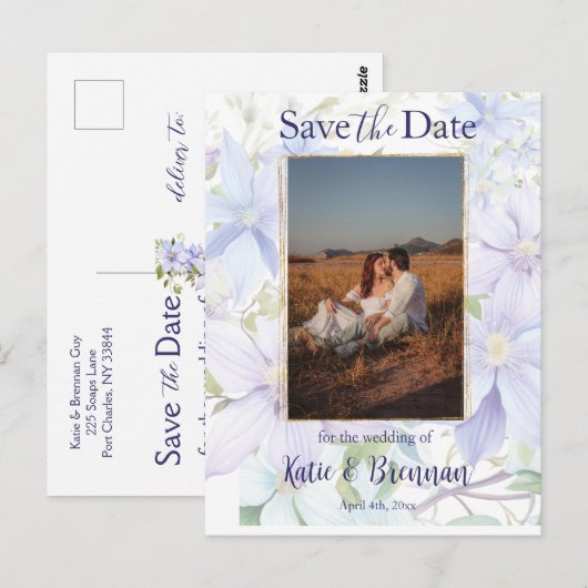 Elegante Periwinkle Clematis Bewaar de datum foto Briefkaart (Voorkant / Achterkant)