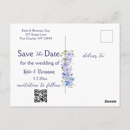 Elegante Periwinkle Clematis Bewaar de datum foto Briefkaart (Achterkant)