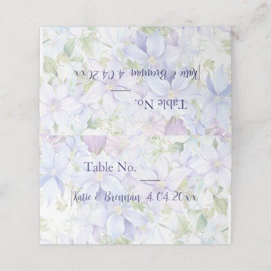 Elegante Periwinkle Clematis bruiloft Plaatskaartje (Buitenkant ongevouwen)