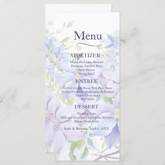 Elegante Periwinkle Clematis Wedding Menu (Voorkant / Achterkant)