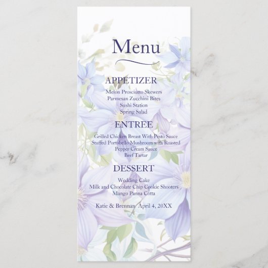 Elegante Periwinkle Clematis Wedding Menu (Voorkant)
